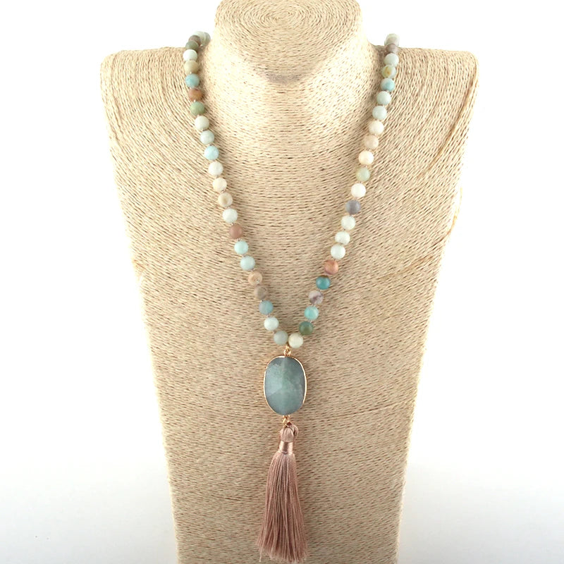 Semi Precious Stones Long Knotted Necklace