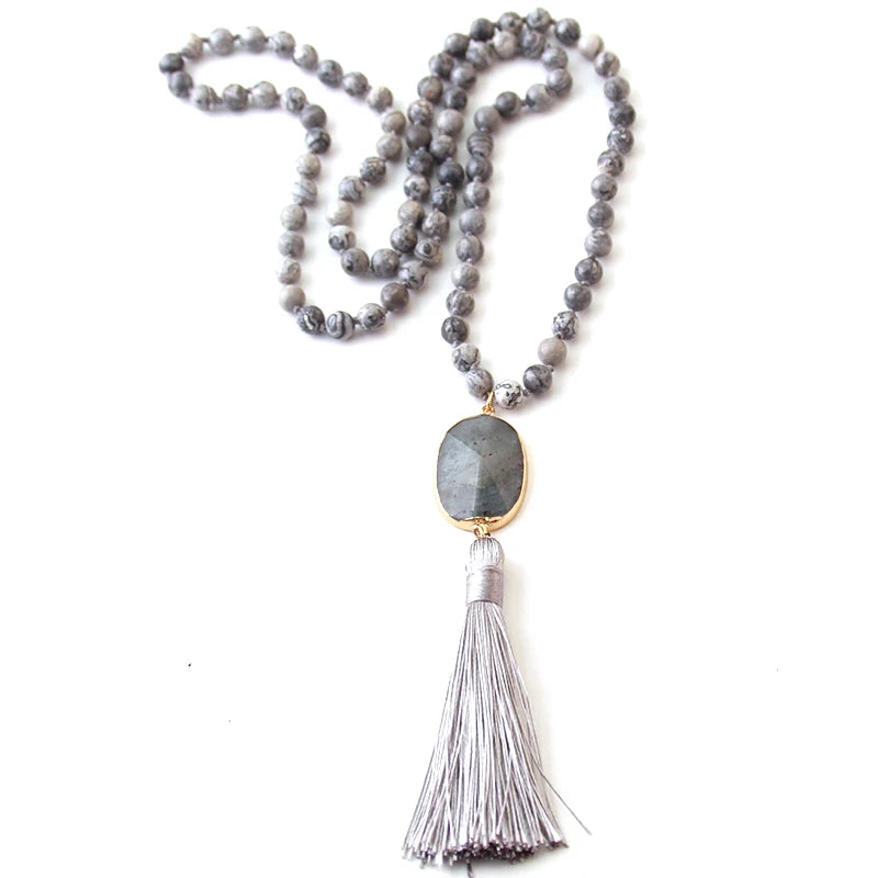 Semi Precious Stones Long Knotted Necklace