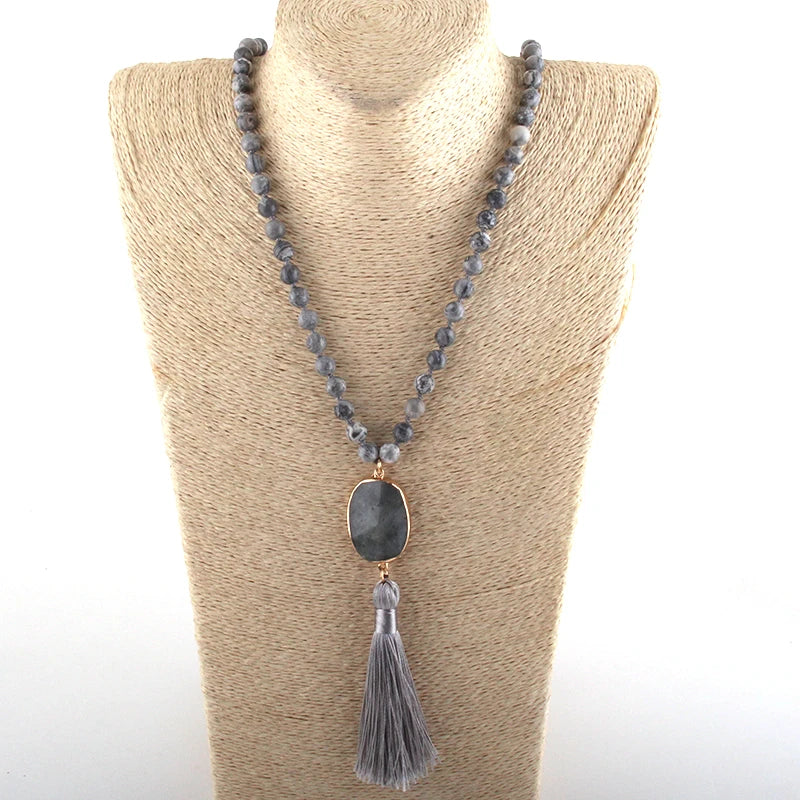 Semi Precious Stones Long Knotted Necklace