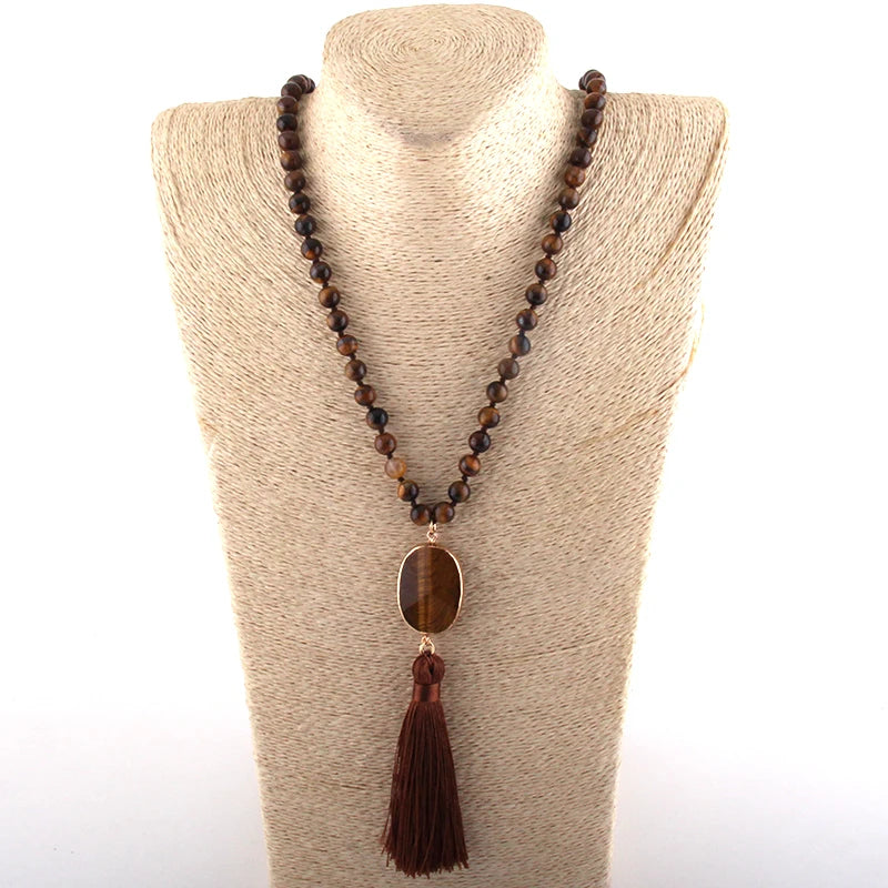 Semi Precious Stones Long Knotted Necklace