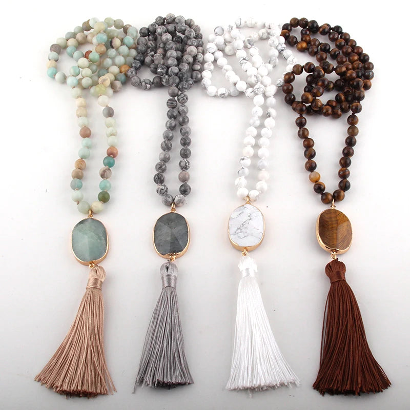 Semi Precious Stones Long Knotted Necklace