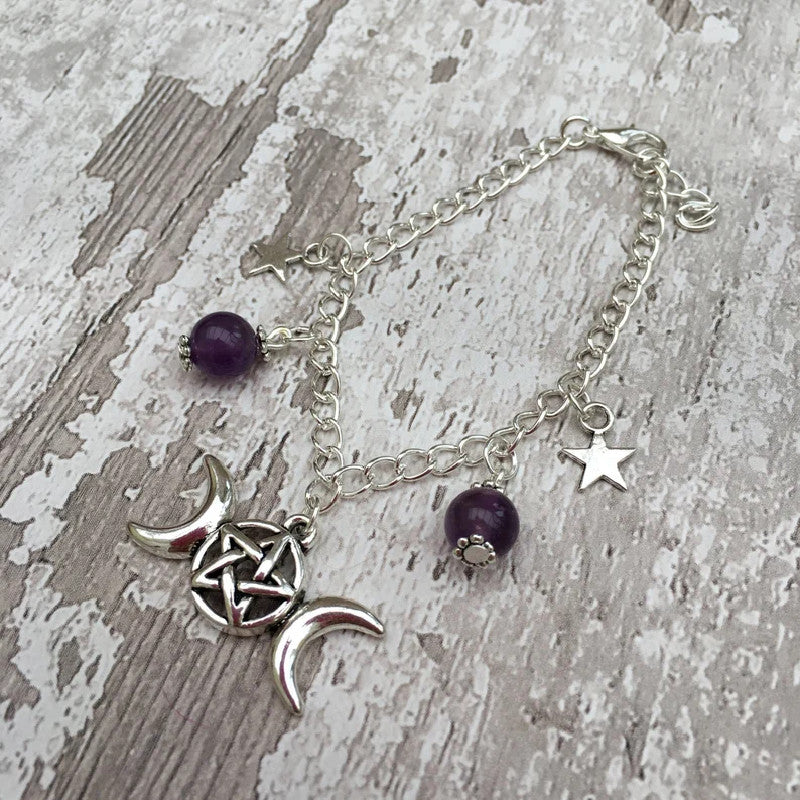 Goth Triple Moon Amethyst Bracelet Pentagram Pendant