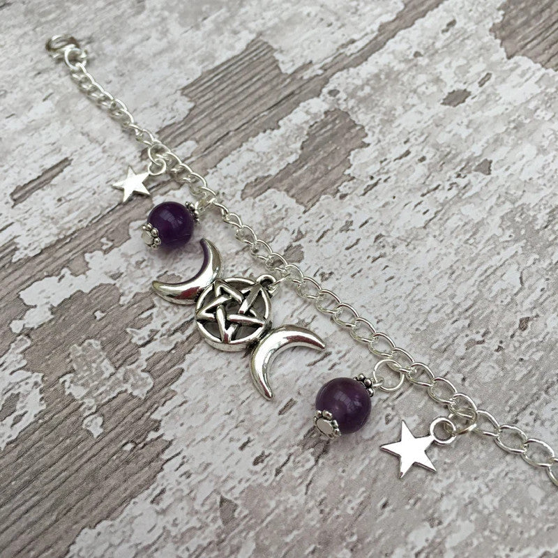 Goth Triple Moon Amethyst Bracelet Pentagram Pendant