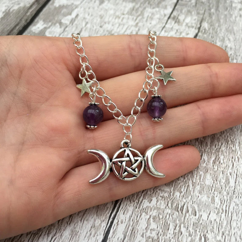 Goth Triple Moon Amethyst Bracelet Pentagram Pendant